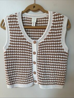 White and Tan Crochet Button-Front Sweater Vest